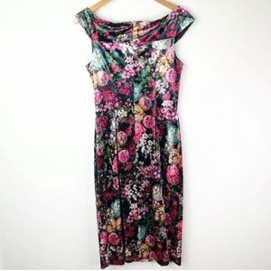 Adrianna Papell Women's Sz 8 Velvet Off Shoulder Red Floral Lined Evening Dress